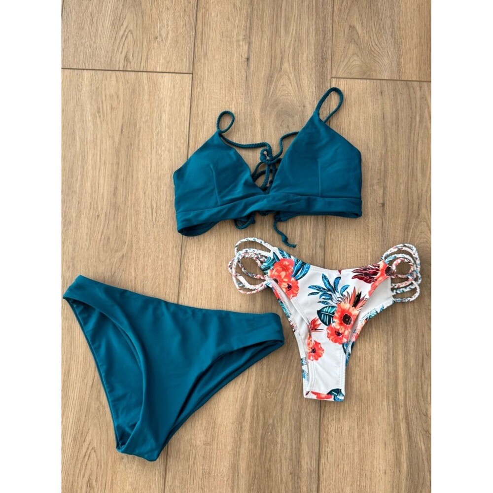 Teal Three-Piece Bikini Set with Floral Accent - Size 4